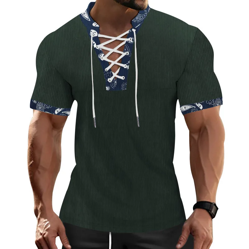 Summer Men's Corduroy Solid Color Slim-fit Short-sleeved American Oversize Casual V-neck Strap Men's T-shirt