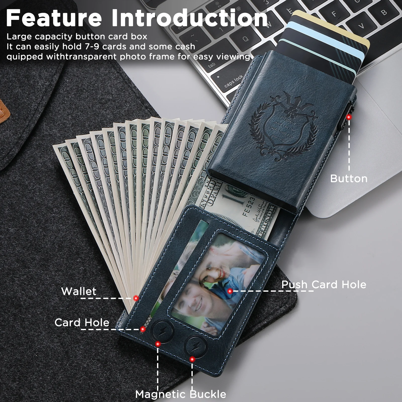 SUTENI Kartenetui mit Kartenfach, Flip-Cover aus Kunstleder, Kartenbox mit Knopfdruckfunktion, der die Karte automatisch herausbringt – Detail 19