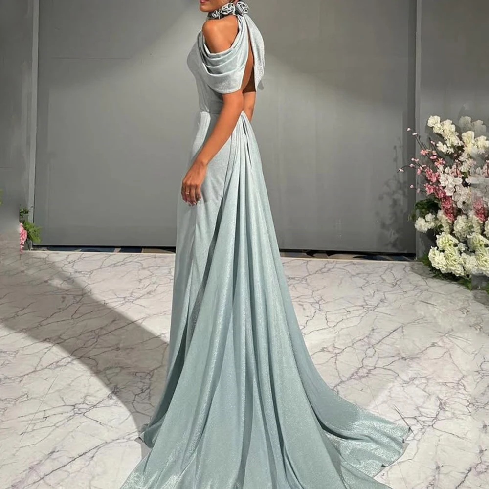 Fashion Off the Shoulder Evening Dress Straight Floor Length Sweep Train Women Customized Short Sleeve Sexy Backless Gown