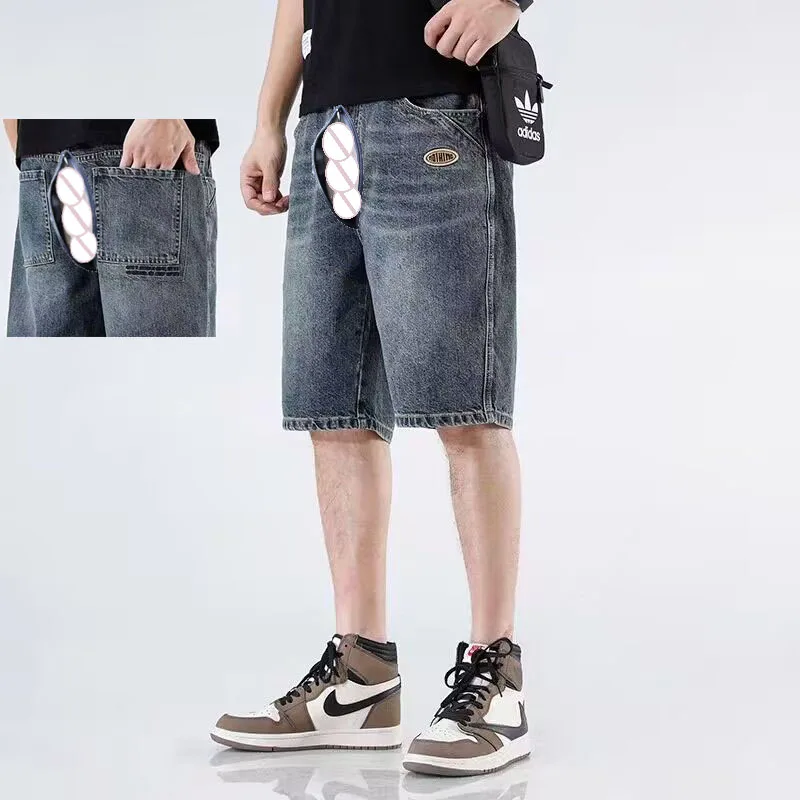 Invisible Open Outdoor Sex Pants Jeans Men 2024 Summer Baggy Retro Casual Shorts Knee Length Cargo Denim Streetwear Y2k Clothes