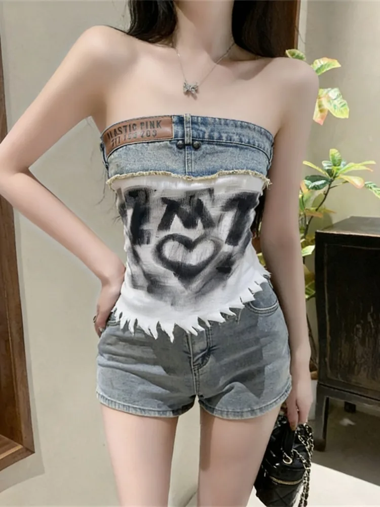 

Spicy Letter Print Patchwork Denim Strap Vest Summer Slim Fit Sleeveless Outerwear Design Color Block Top Women's Fashion