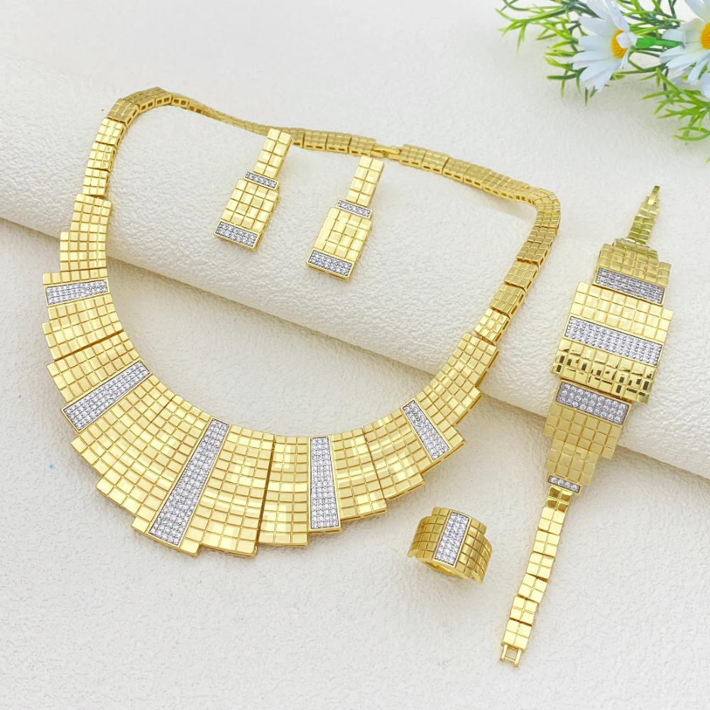 Flora Luxury Gold Plated Copper Women's Jewelry Set with Artificial Zircon Geometric Bracelet Ring Necklace Earrings Middle East