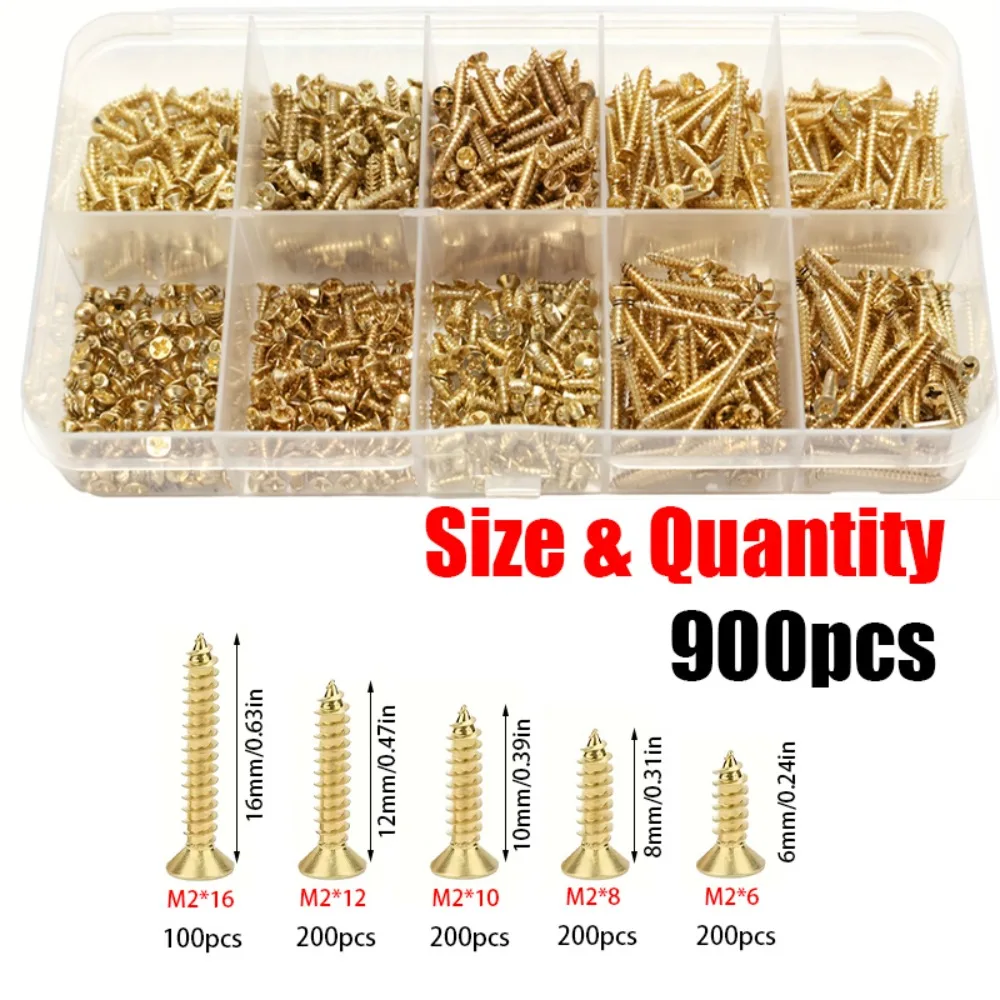 900 Pcs M2 Gold Self-Tapping Screws, Sizes: 6mm,8mm,10mm,12mm,16mm. Suitable for Wooden Craft Boxes and Vintage Storage Boxes.