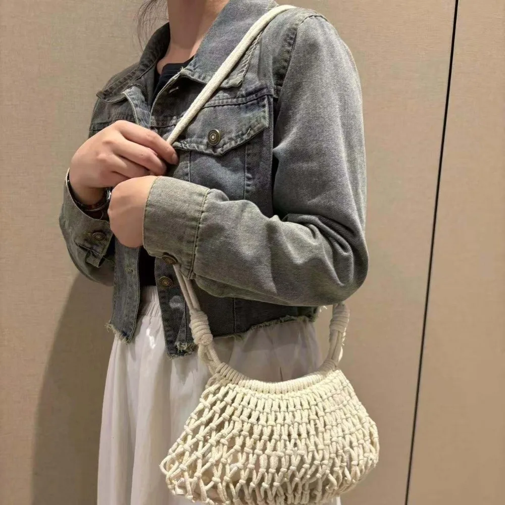 

Large Capacity Crochet Shoulder Pouch Net Pouch Lightweight Yarn Woven Crossbody Bag Adjustable Strap Small Pouch