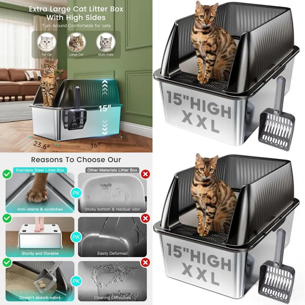 

Extra Large XL Stainless Steel Cat Litter Box Enclosure with High Sides and Lid, Translucent Black, XXL Size