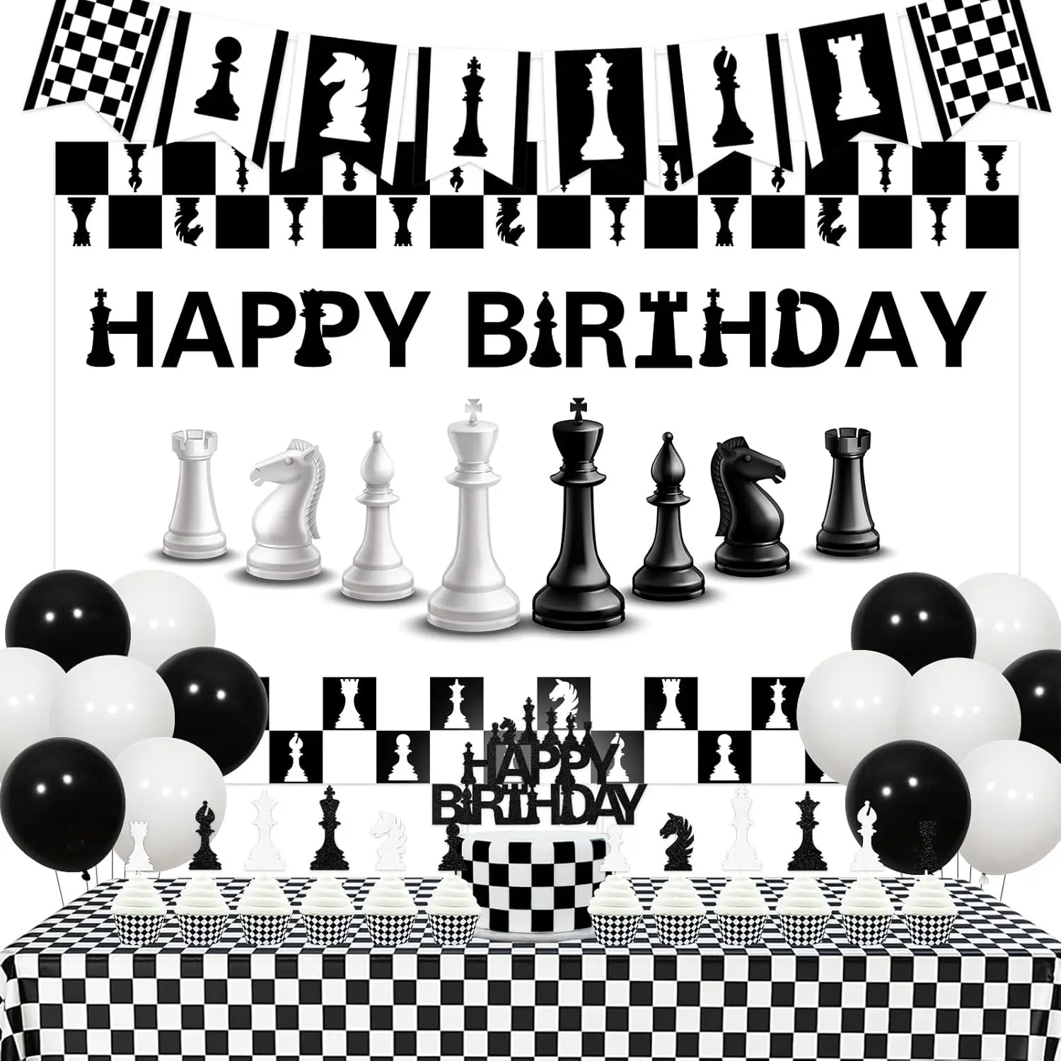 

Chess Birthday Decorations - Chess Theme Party Banner, Table Cloth, Cake Topper & Garland