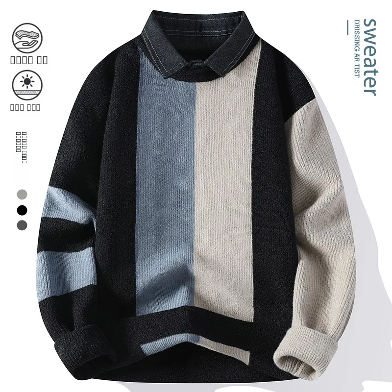 

Trendy Winter Knitted Sweater for Men Casual Denim Collar Colorfast Long Sve Straight Fit Overhead Youthful Sle Polyeste...