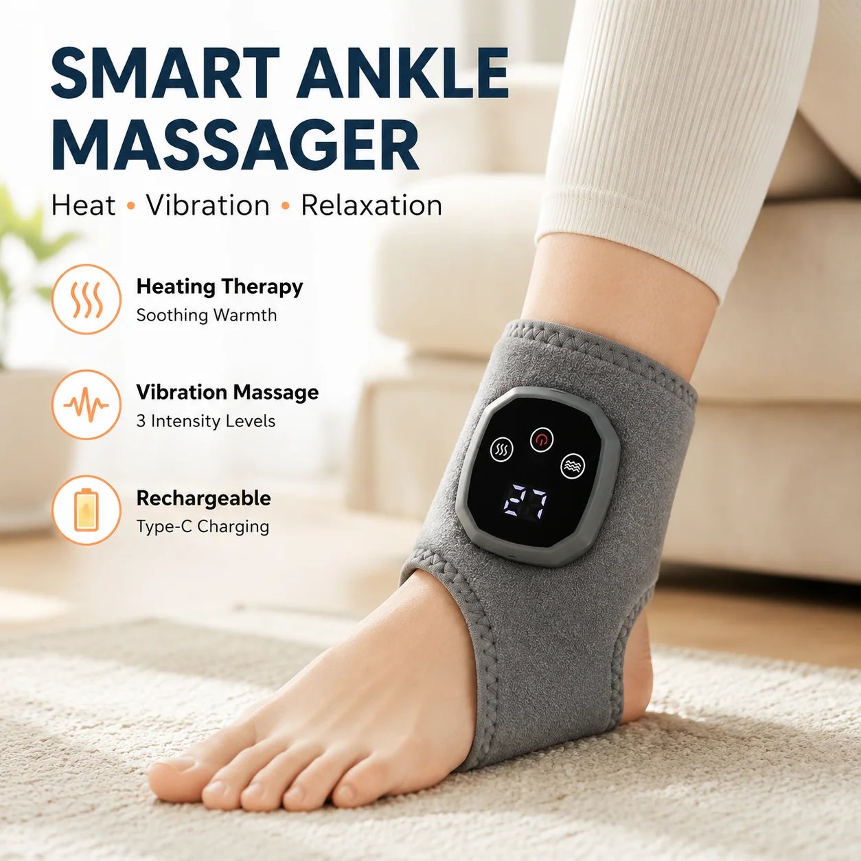 Smart Ankle Massager Graphene Heating Pad Vibration Massage Wrap Rechargeable Foot Care Device with 3 Modes Type-C Charging