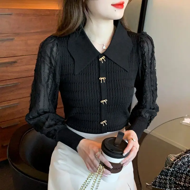 Nuevo Jersey fino ajustado con empalme de manga larga de malla de solapa elegante y hermoso francés