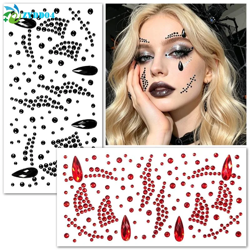 ●1Pcs Halloween Face Rhinestone Stickers Red Black Spider Web Cross Scar Self-adhesive Gem Decals Horror Cosplay Makeup Ornament view 5