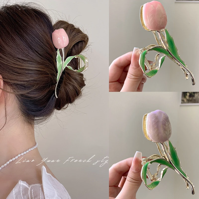 Enamel Tulip Hair Claw Clips for Women Fashion Gold Color Flower Hair Clip Bath Crab Headband Hairpin Girls Hair Accessories