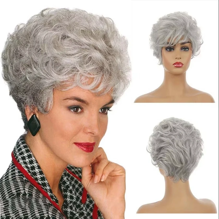 

Synthetic Gray Wigs for Women Heat Resistant Fiber Daily Short Curly Fake Hair Fluffy Layered with Bangs