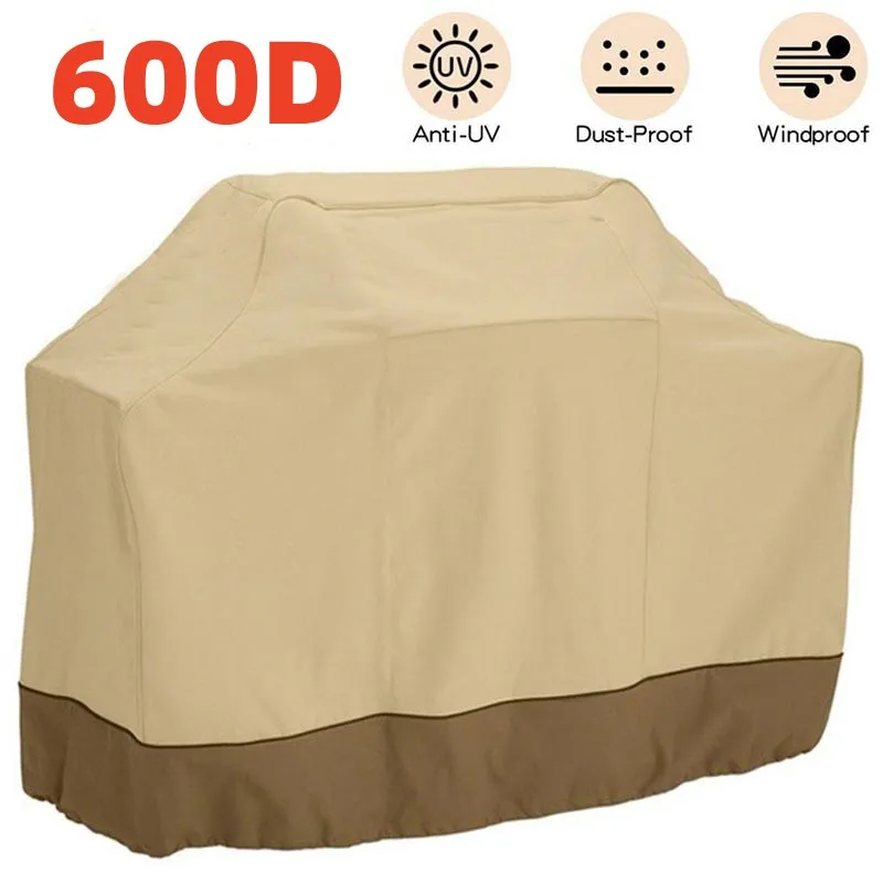 600D Outdoor BBQ Grill Cover Waterproof Dust Rain Heavy-Duty Oven Cover Beige BBQ Cover Garden Rain Gas Charcoal Protection Hood