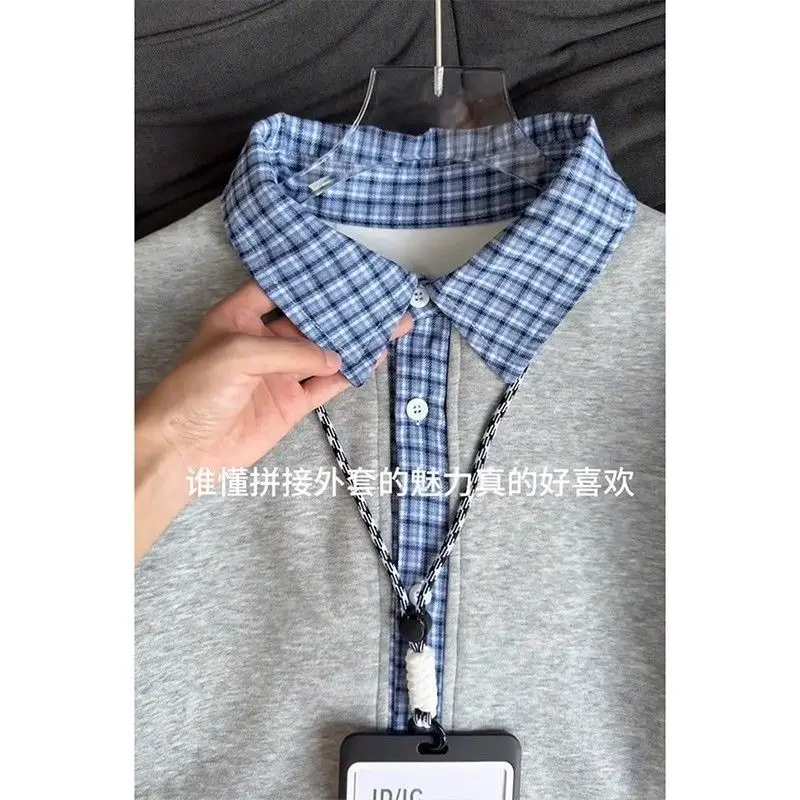 

Splicing Cardigan Sweater Men's Fake Two Pieces Autumn Plaid Lazy American Loose Lapel Jacket To Wear