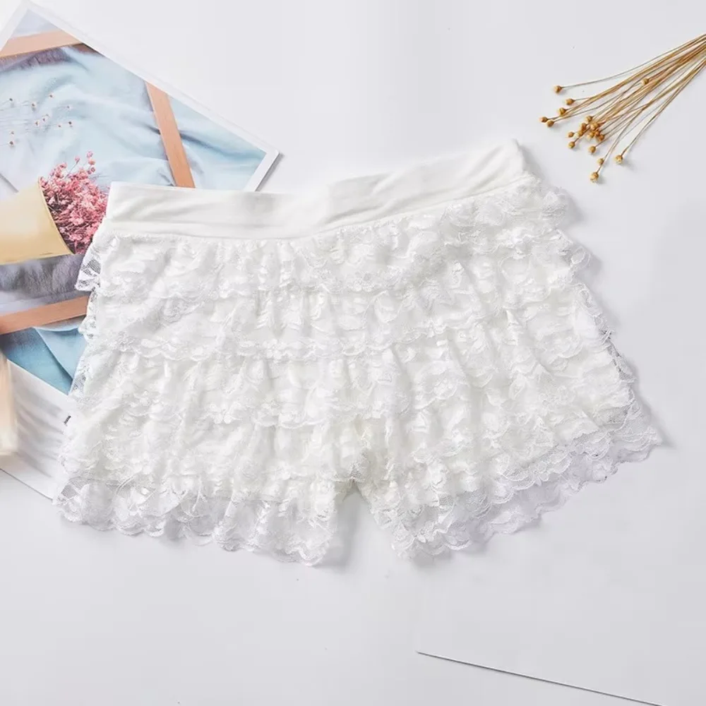 Casual Ruffle Lace Safety Short Pants Elastic Waist Anti-Emptied Princess Lolita Safety Shorts Breathable Lace-up Layered Shorts