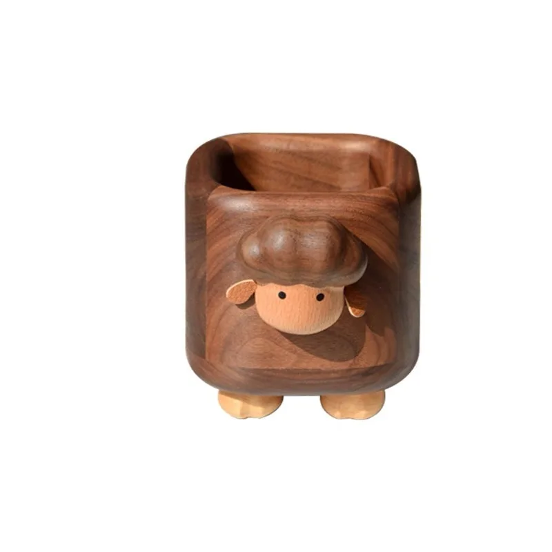 1pc Walnut Wood Sheep-Shaped Pen Holder Storage Box Large Capacity Creative Wooden Gift Multi-Functional Desktop Decor Organizer
