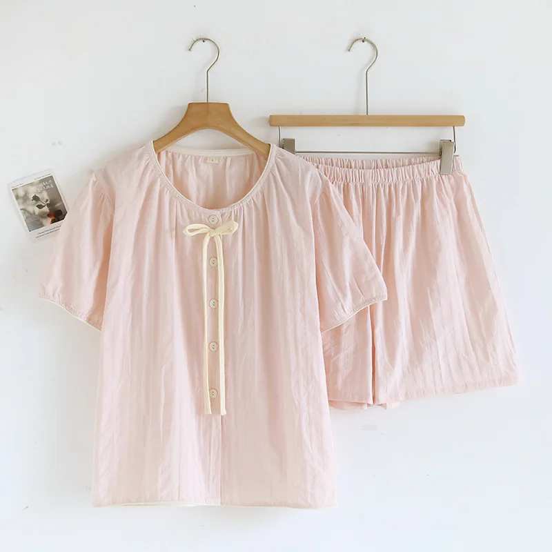 Summer Solid Color Pajama Set Cute Bow Applique Women's Short Sleeve Shorts Two Piece Set Home Clothes