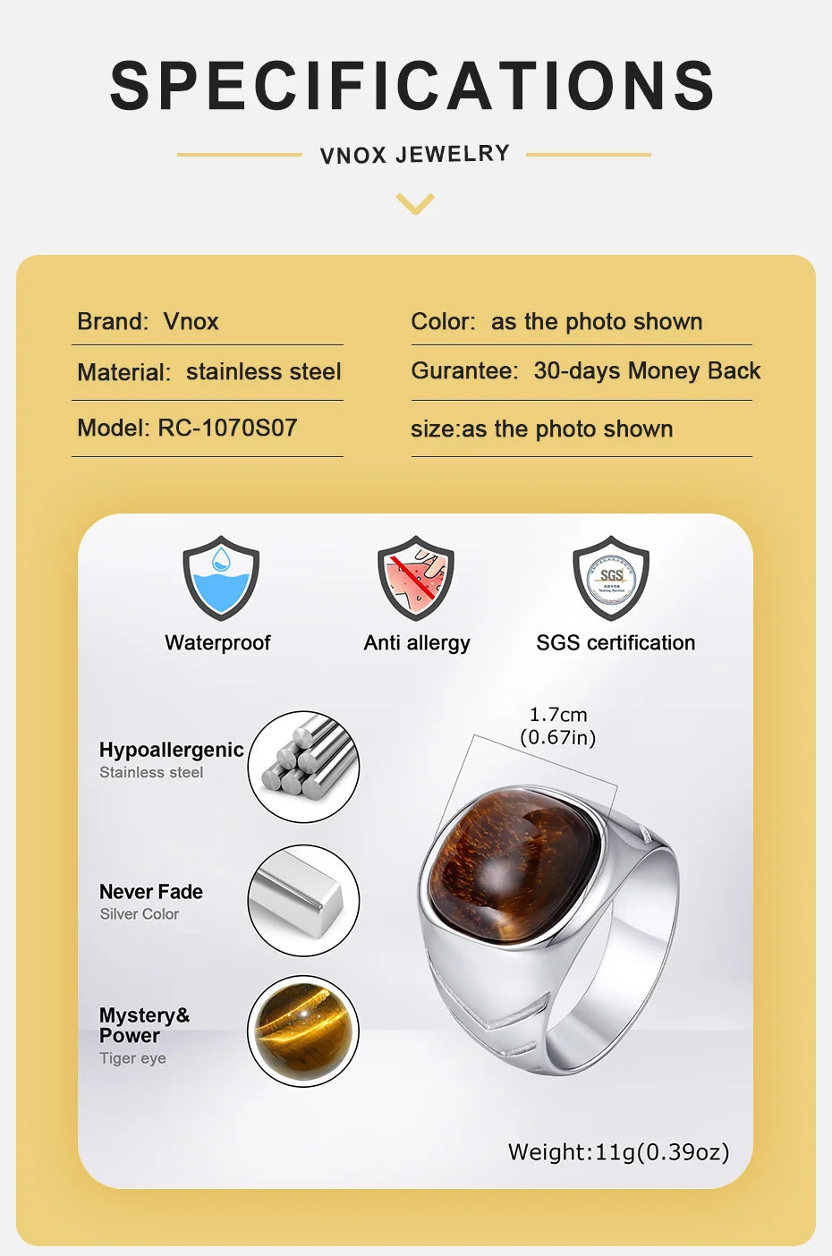 Vnox Herren Edelstahl Quadratischer Tigerauge-Stein Siegelring, Punk-Stil Geometrischer Statement-Ring für Party Hochzeit Geschenke – Detail 5