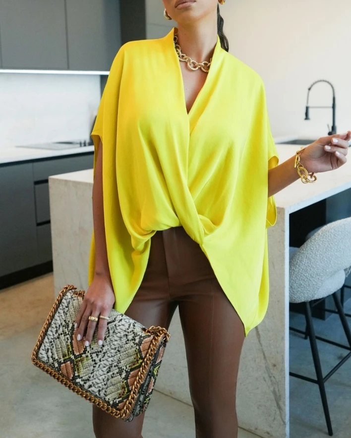 

Women's Fashion Shirt 2024 Summer Bat Sleeve Ruffle Cross Casual V-neck Solid Color Short Sleeve Asymmetric Daily Top