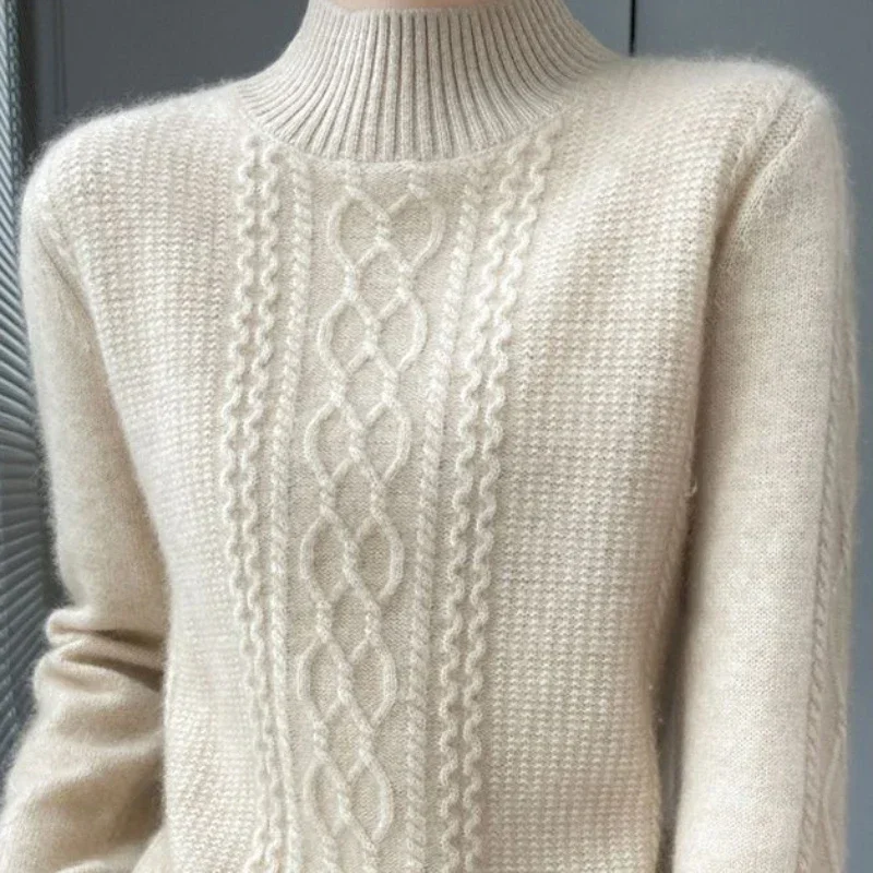 New 2024 Autumn Winter Sweater Women Warm Cashmere Sweater Loose Large Size Top Half Turtleneck Knitted Bottoming Shirt