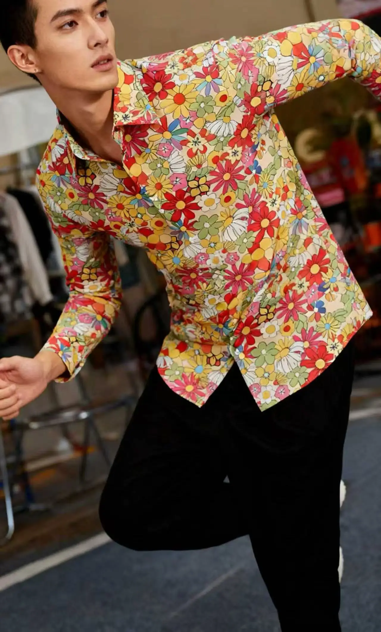 Halloween Hippie Men's Disco Hip-Hop Button Flower Retro Long Sleeve Shirt Print Flower Pullover Blouse Versatile Top