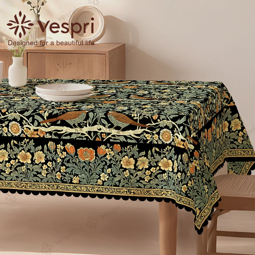 Spring tablecloth, black and green decorations, birds, flowers and green leaves, circular, rectangular, elliptical.
