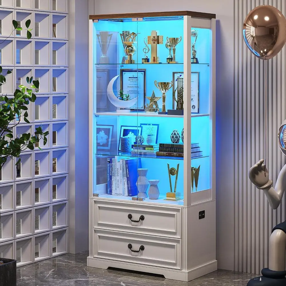 4-Tier Glass Cabinet with Door & Motion Sensor LED Lighting for Collectibles, Books, Chinaware | Ideal for Living Room Display