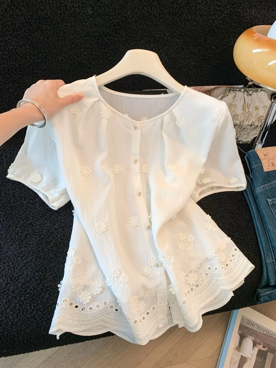 

Elegant Embroidered Floral Hollow Short Sleeve Cotton Linen Blend Women's Shirt Sweet Youthful Unique Stylish Summer Top