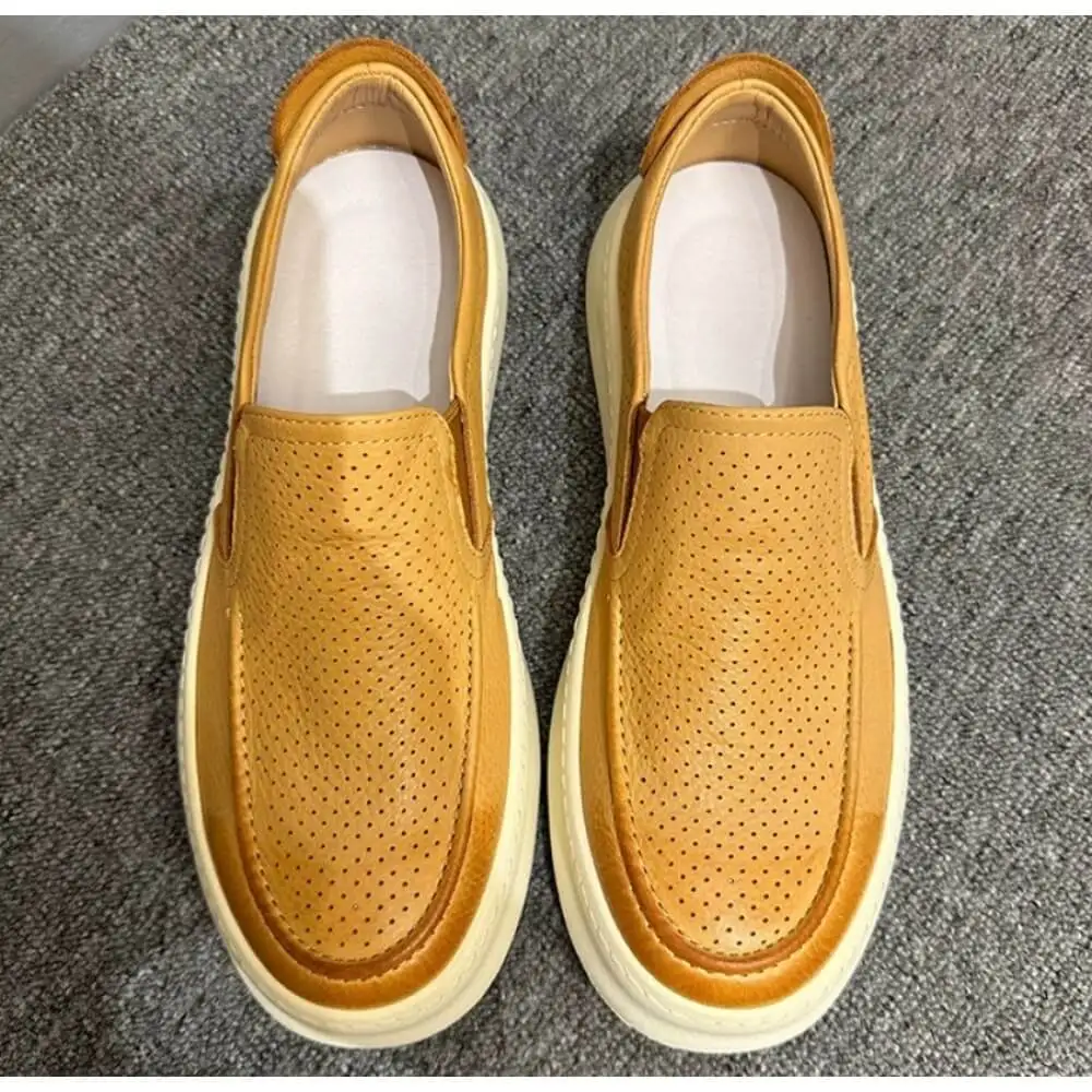 Caramel Yellow Perforated Leather Loafers, slip-on design with lightweight thick sole,