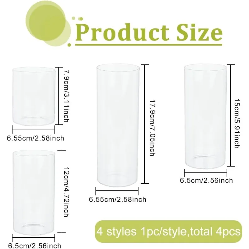 4PCS Glass Cylinder Vase 4 Styles Pillar Glass Vase Decorations Clear Vase Tall Floating Candle Holder for Home Office Wedding