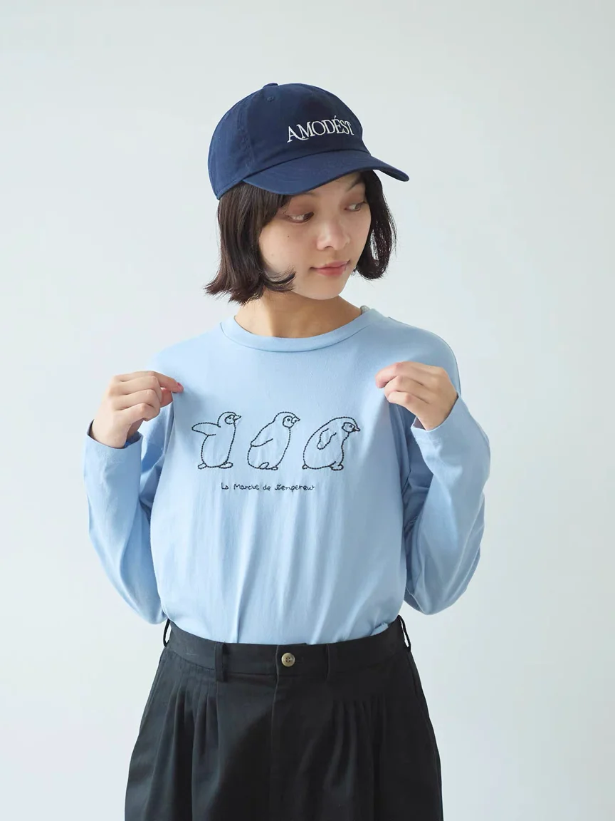 Casual Loose Long Sleeve round Neck Short T-Shirt Women's Cotton Embroidery Cute Penguin Letter Pattern Autumn New Style Japa...
