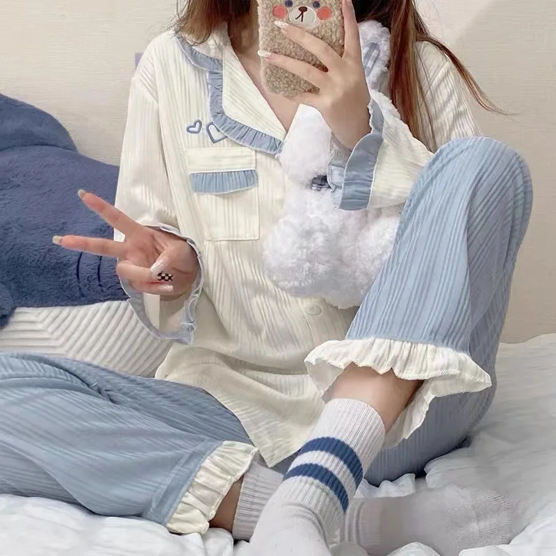 Spring Women Simple Loose Cotton Pajama 2pcs/set Lady Causal Loungewear Outdoor Wearing Girls Fashion Comfortable Home Clothes