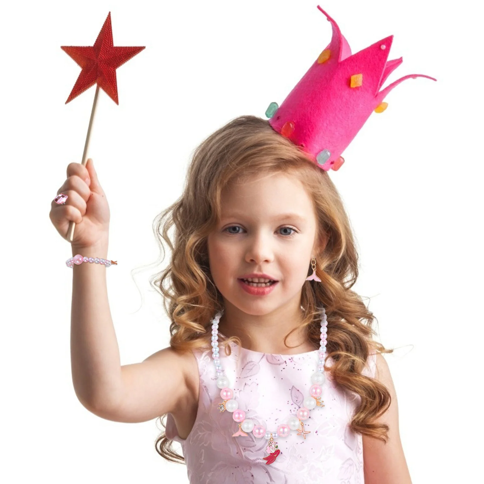 4Pcs Kids Mermaid Themed Beaded Jewelry Necklace Bracelet Ring Dangler Colorful Beads Wrist Decor Accessories Kids Wrist Decor