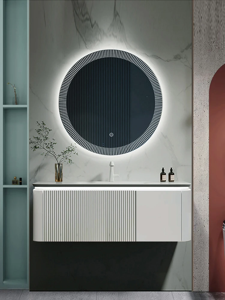 ab-Modern Design Hotel LED Mirror Integrated Stone Basin Stainless Steel Drainer Water Resistant Wall-Mounted Bathroom Vanity！