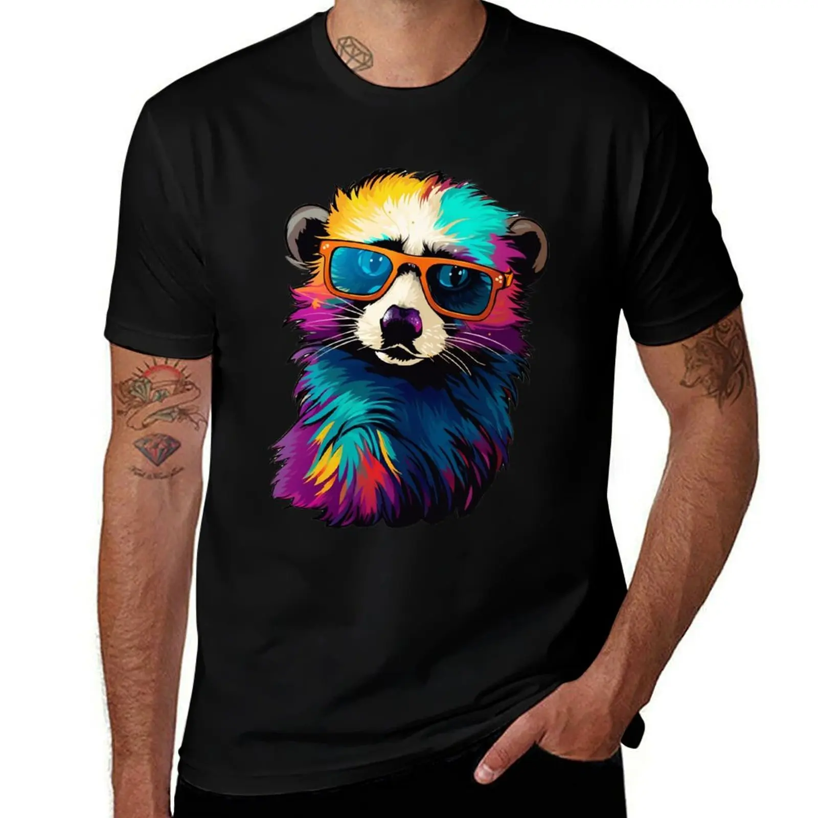 Colorful Ferret Wearing Sunglasses T-Shirt Vintage Style Printed Top