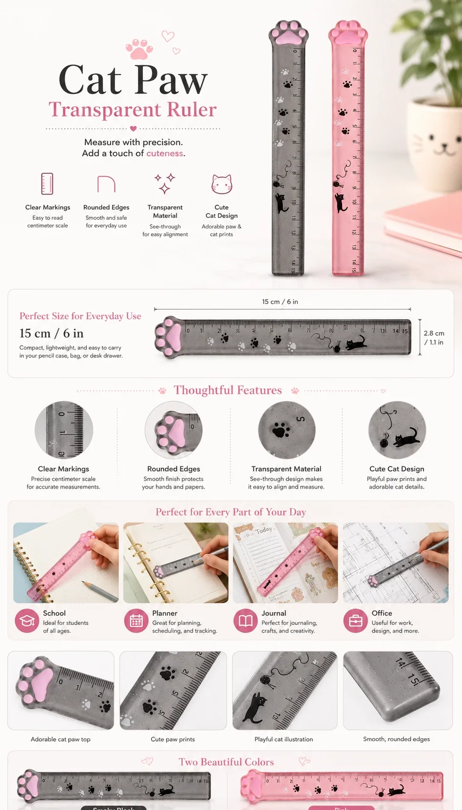 Creative Cat Paw Ruler 15cm Cute Straight Measuring Scale Portable Stationery Ruler For Student School Drawing Use