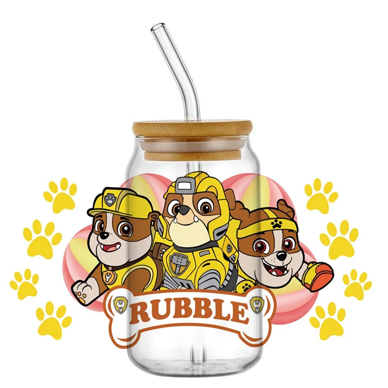 Mininstants-Tasse à café en verre, chien mignon, équipe, dessin animé, chiot, UV, DTF, rond, 16oz, étiez bey, nouveau design, uvdtf, rond,