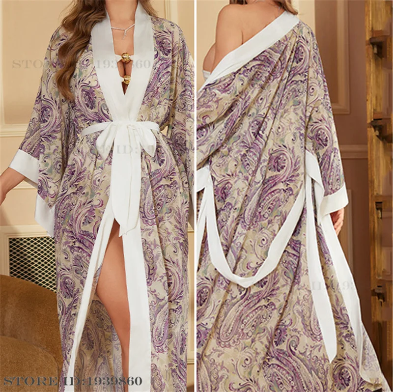 Luxury Chiffon Satin Long Robe Nightgown Women Silk Satin Sleepwear Nightdress Print Wedding Morning Bath Robe Dress Loungewear