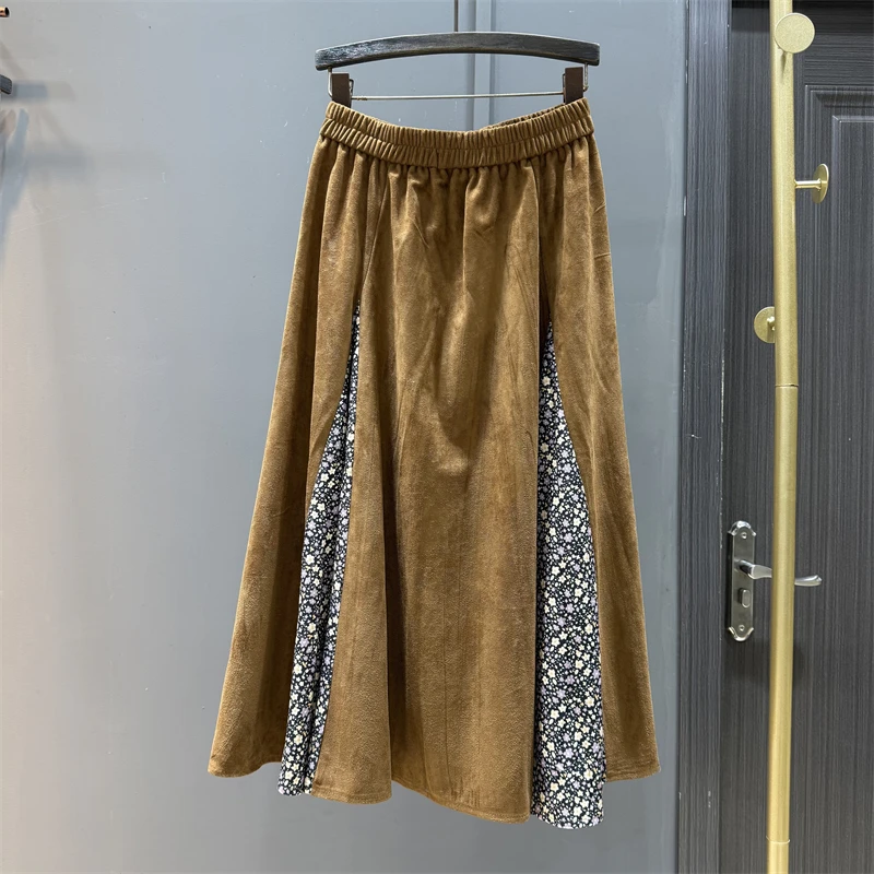 

Замшевая полуюбка с цветочной плетеной лентой для женщин, осенняя юбка-зонтик трапециевидной формы в стиле ретро с неровным темпераментом