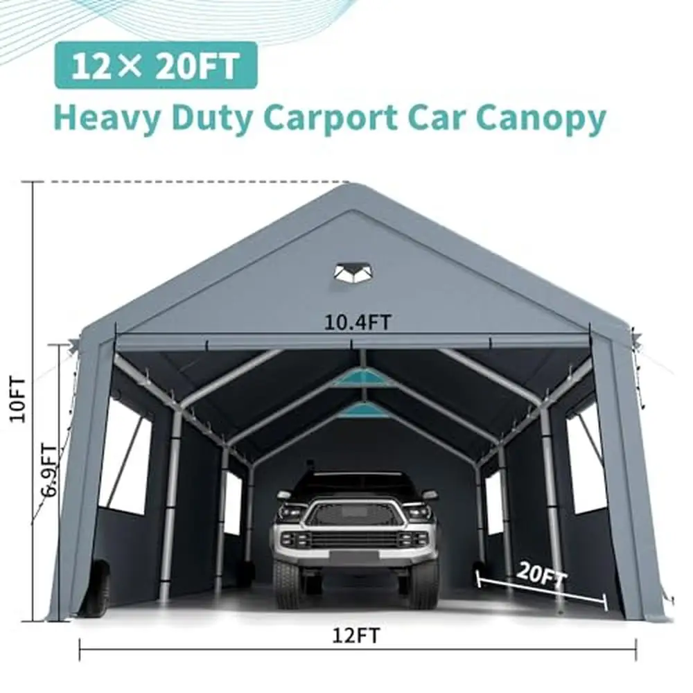 Heavy Duty Carport Canopy 12x20ft with Removable Side Walls Solar Lights Portable Garage Boat Shelter All Weather Protection