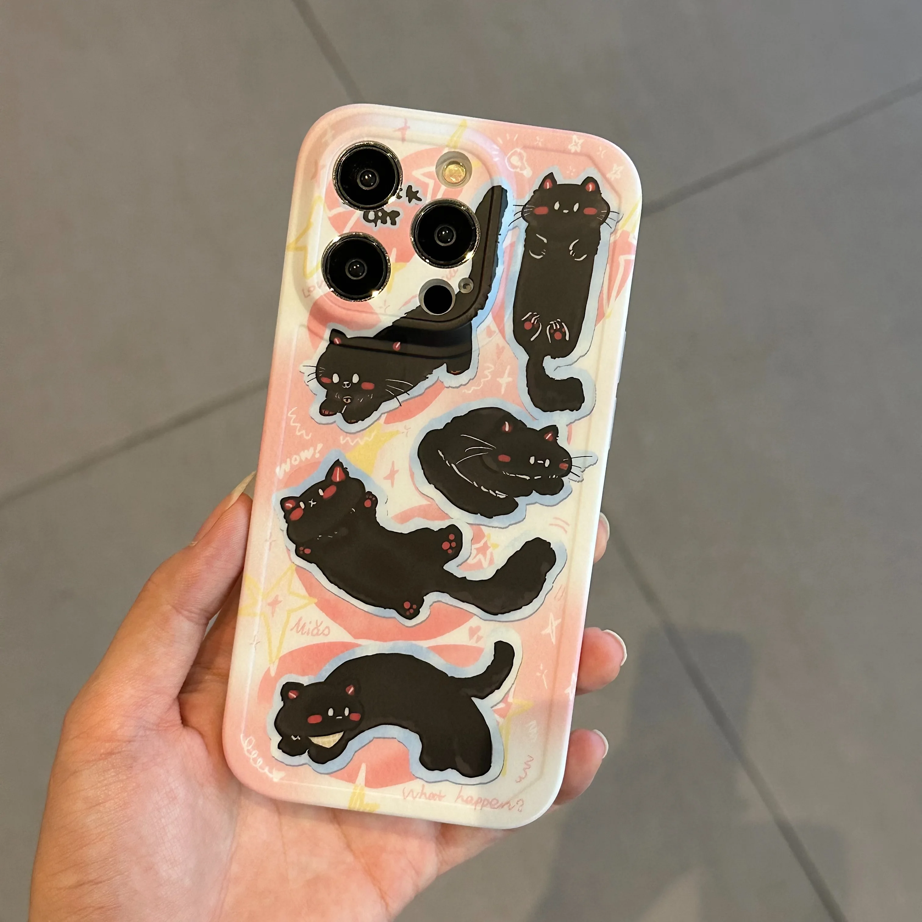 Korean Ins Cute Cartoon Halo Staining Black Cat Phone Case for iPhone 15 14 13 Pro Max Pro Back Cover