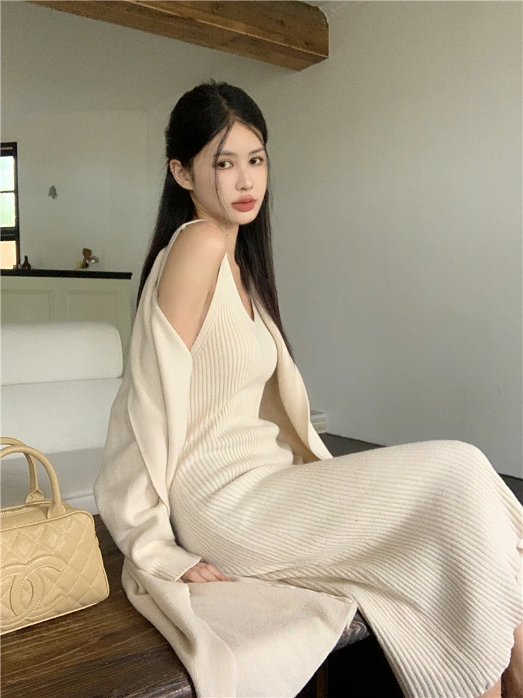 Fall/Winter Fashion Lazy Wind Vintage Two Piece Knitted Dress Sets Temperament Sweater Cardigan Jacket + Halter Dress Outfits