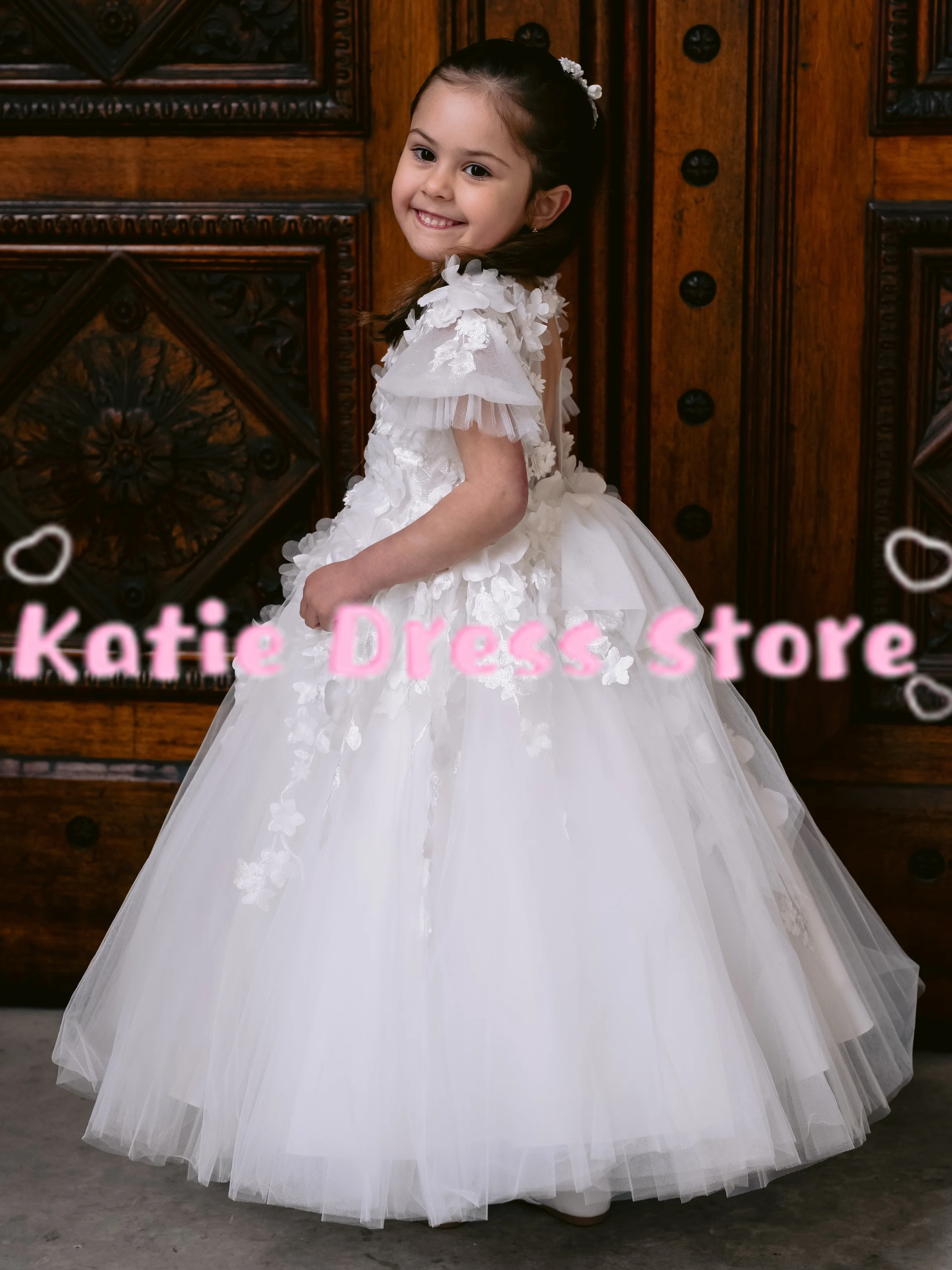 

White Applique Puffy Flower Girl Dress For Wedding Tulle Puffy Elegant Kids Birthday Party First Communion Ball Gowns Custom