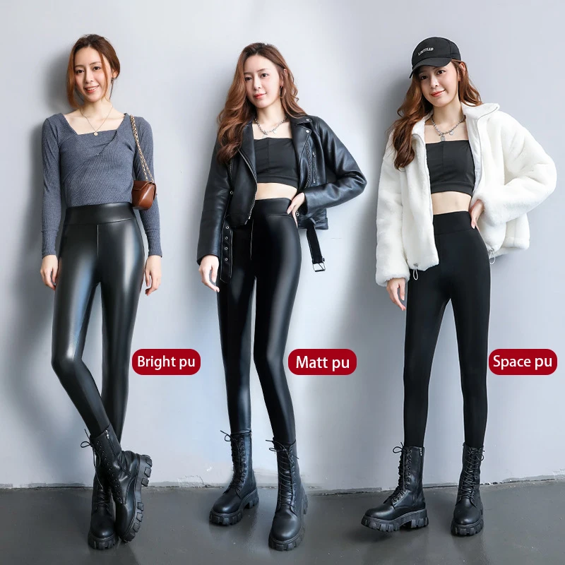 Autumn Winter Black Fleece Matte Leather PU Leggings Women\'s High Waist Elasticity Lift Buttock Trousers Skinny Legging Pants