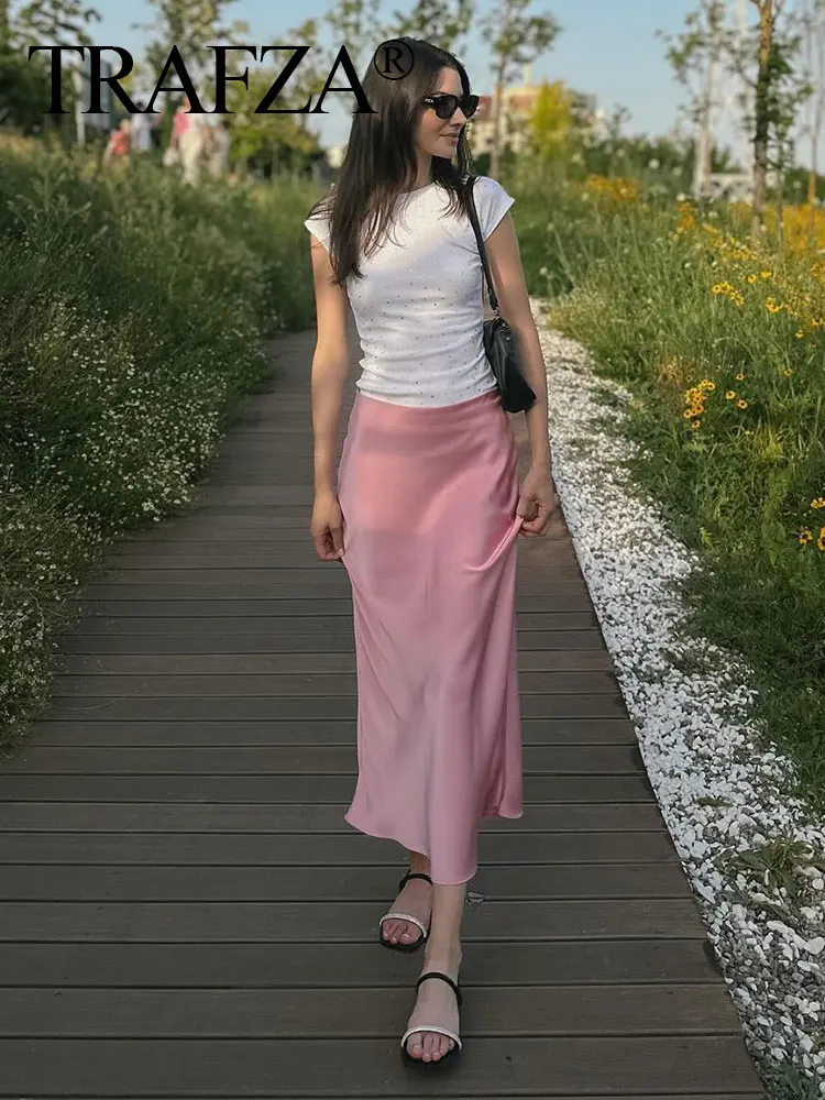 TRAFZA Women Summer New Fashion Pink Silk Satin Textured Jacquard Skirt Female Chic Elegant Zipper Slim High Street Skirt Mujer