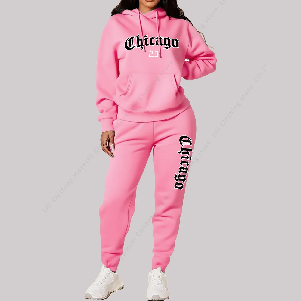 Women's Sets Hoodies Pants 2 Piece Outfits Aesthetic Sportswear Sweatsuit Chicago Graphic Letter Print Plus Size Pink Tracksuit