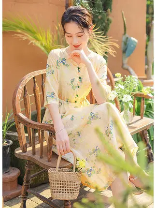 Ele marchio giapponese artistico a cinque quarti Sve stampato ingombrante in vita estivo Midi Dr coreano Sle vita ampia