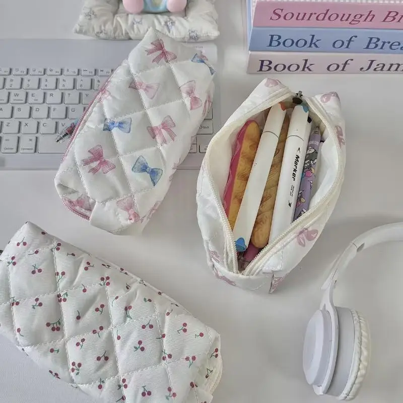 Cute Butterfly Knot Cherry Blossoms Pencil Case Large Capacity Stationery Storage Bag Multifunctional Makeup Bag Stationery Box