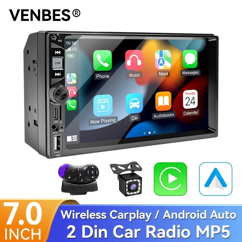 

VENBES Car Radio 2 Din Wireless Carplay Android Auto 7-Inch HD Touch Screen MP5 Player Mirrorlink 12-LED Reversing Camera BT