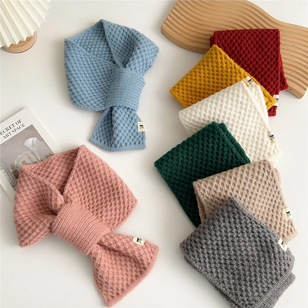 New Winter Scarf Women Fashion Cross Connection Solid Color Knitted Neck Scarf Short Small Neckerchief Thick Warm Scarf